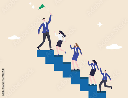 Team support fuels success; collaboration powers progress and shared achievement. Company growth and employee development thrive as businesspeople help each other climb the ladder together.