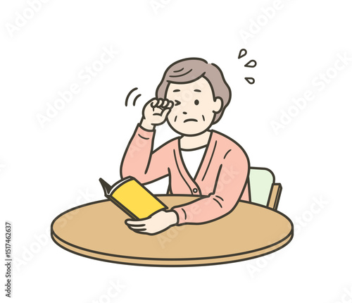 かすみ目で目をこすっている高齢女性の上半身イラスト
