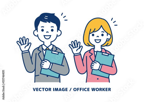 ファイルを片手に挨拶する、ビジネスマンのシンプルなベクターイラスト素材＿男女セット