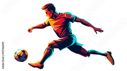 A powerful soccer player in mid kick chasing victory with vibrant colors and dynamic graphic styling