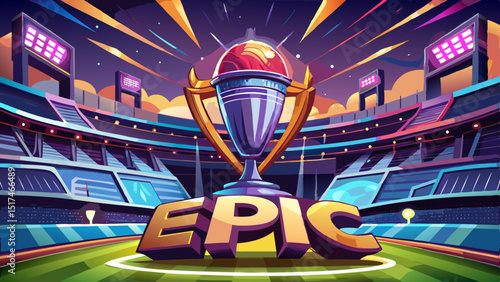 The Epic Victory Championship Trophy shines under stadium lights celebrating a cartoon sports win