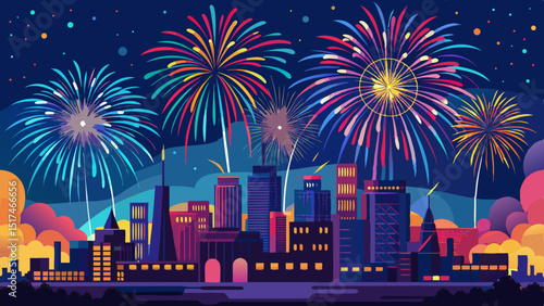 Festive fireworks illuminate a city skyline during a vibrant celebration against a night sky in bold