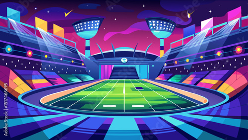 The stadium glows with anticipation ready for the event under a bright starry night with vivid neon