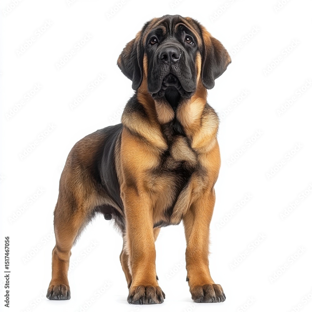 Fototapeta premium Adorable young large breed dog with expressive eyes and floppy ears standing on white background, pet, animal, canine, puppy, domestic, molosser mix, companion, playful, friendly, 