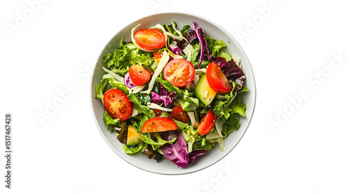 A top view of a salad with lettuce tomatoes and other greens in a white bowl isolated on transparent background
