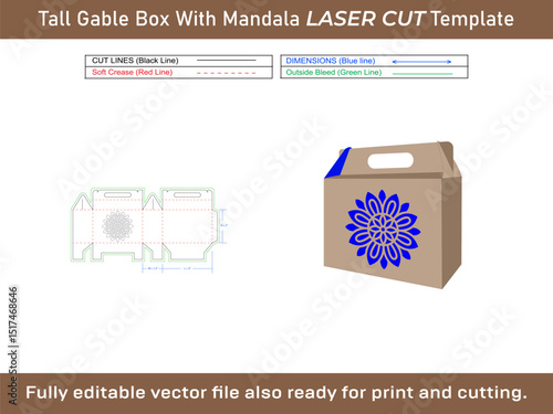 Tall Gable Box Dieline Template with Mandala Pattern laser Cut