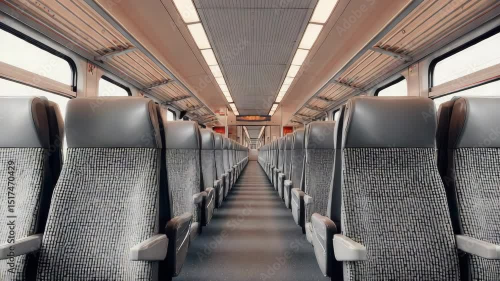 Empty train interior with rows of gray seats and large windows Empty train interior with rows of gray seats and large windows