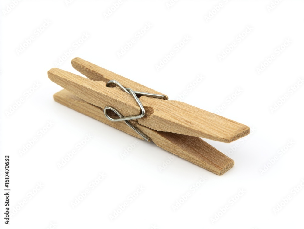 Single wooden clothespin with metal spring on white background Single wooden clothespin with metal spring on white background