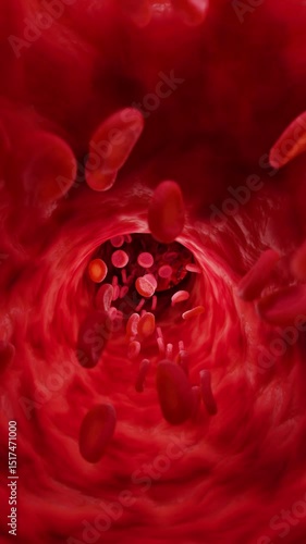 Red blood cells in artery. Vertical looped video. 3D rendering