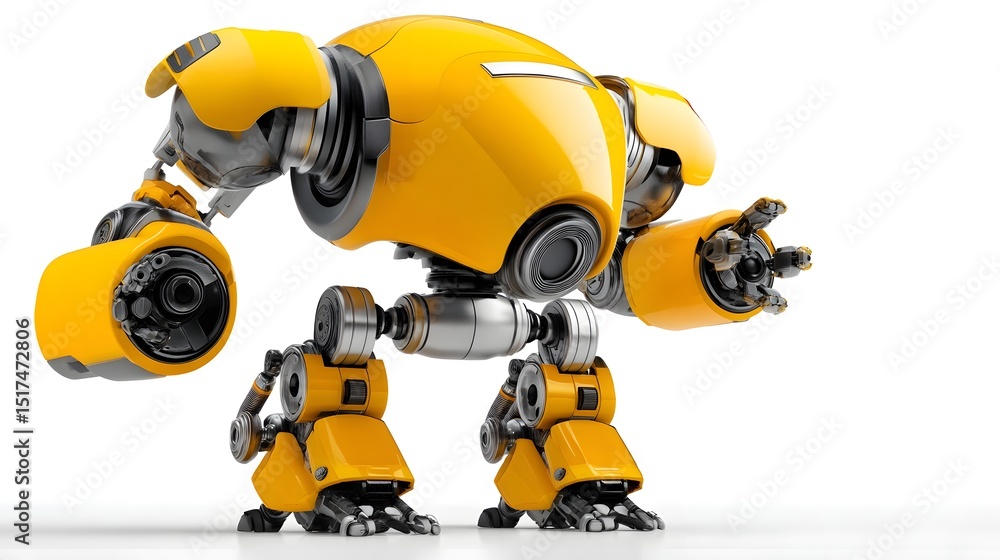 Powerful yellow and steel combat robot in battle stance Powerful yellow and steel combat robot in battle stance