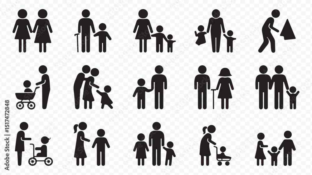 Family icon set in black silhouette style showing parents children and grandparents Family icon set in black silhouette style showing parents children and grandparents