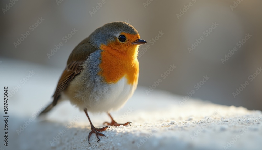 European robin standing peacefully on a light-colored surface European robin standing peacefully on a light-colored surface