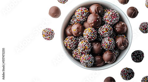 A bowl full of chocolate truffles with colorful sprinkles and some scattered around isolated on transparent background