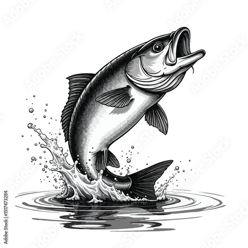 Monochrome Illustration of a Jumping Bass Fish Creating a Splash in the Water.
