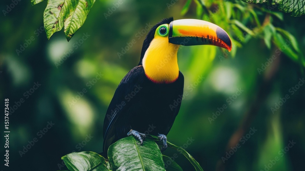 Fototapeta premium Toucan perched on branch in vibrant rainforest during daytime