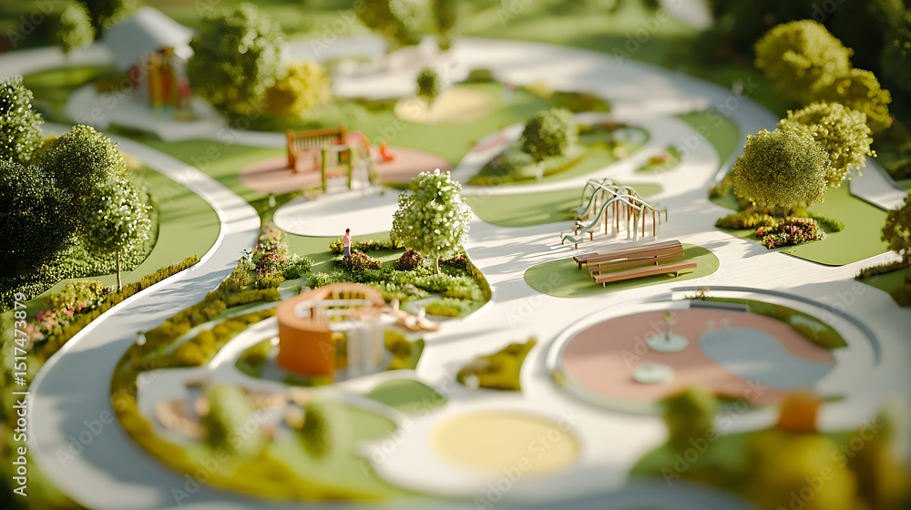 Miniature Model of a Modern Park with Playgrounds and Green Spaces Miniature Model of a Modern Park with Playgrounds and Green Spaces