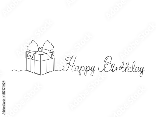Abstract Birthday card with inscription and gift box with bow, continuous single one line art drawing sketch, logo