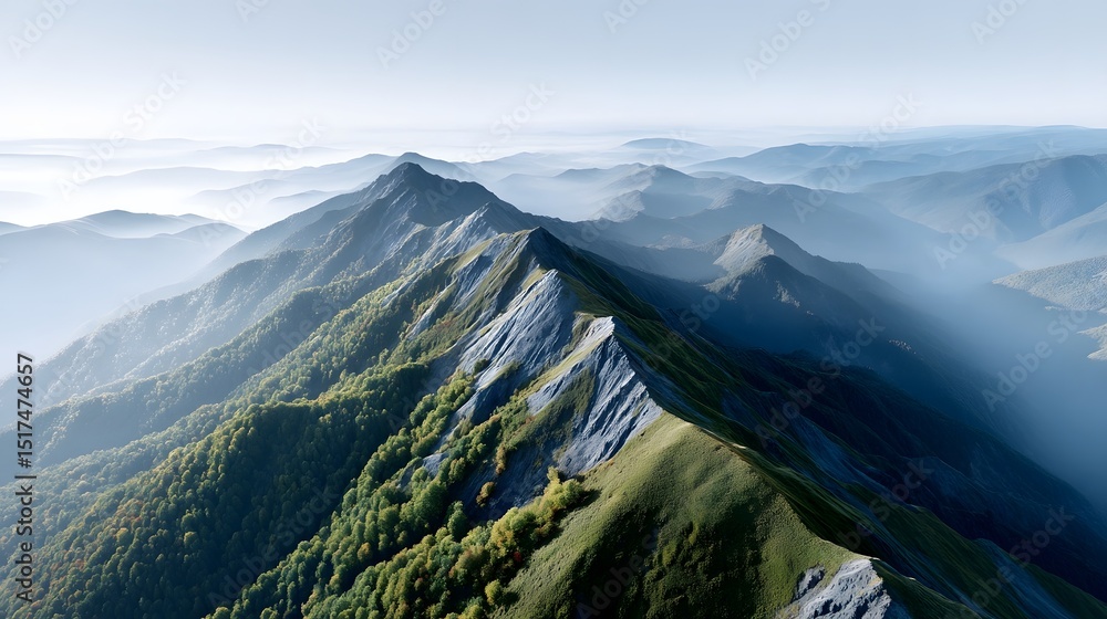 Fototapeta premium Dramatic mountain ridges enveloped in mist and golden hour lighting