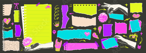 Set of torn school papers with hands and flowers. Ripped punk sheet pieces pack. Note stickers with crayon doodles. Empty blanks for memo. Scrapbooking collage elements. Vector illustration.