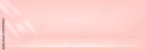Studio pink background. Light neutral wall product room. Minimal pastel color table scene. Empty desk stage for beauty presentation with sunlight. Vector gradient illustration. Banner template.
