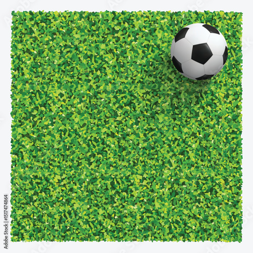 Soccer ball on green grass field. Top views of soccer ball on green grass of soccer field background with green lawn pattern and texture. Vector illustration.