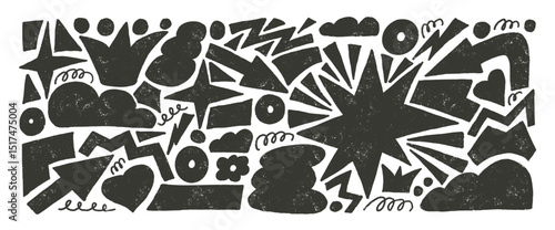Abstract geometric shapes linocut drawn set. Stars, crown, arrows and vector figures by marker. Organic linocut squiggles stickers doodle isolated on white background. Graphic grunge elements.