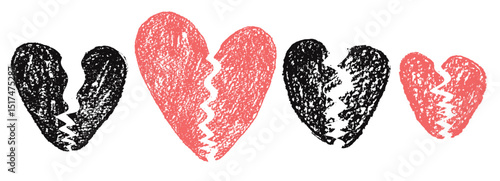 Broken hearts crayon drawn set. Marker doodles isolated on white background. Love naive hand drawn painting elements. Vector heartbreak by pencil illustration.