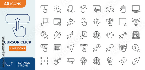 Pointer and Cursor line editable icon set. Containing Touch Gesture, Selection, Computer Mouse, Arrow, Finger, Thumb, Interface Design, Touch Screen, and more. Editable stroke. Vector illustration