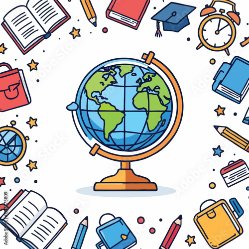 Colorful globe surrounded by school supplies on white background