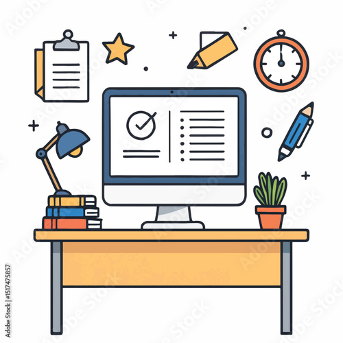 Home office workspace with computer, books, and desk accessories