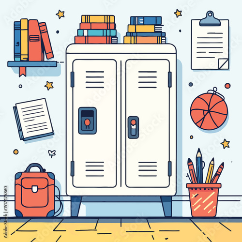 Colorful school locker with books and stationery on the wall