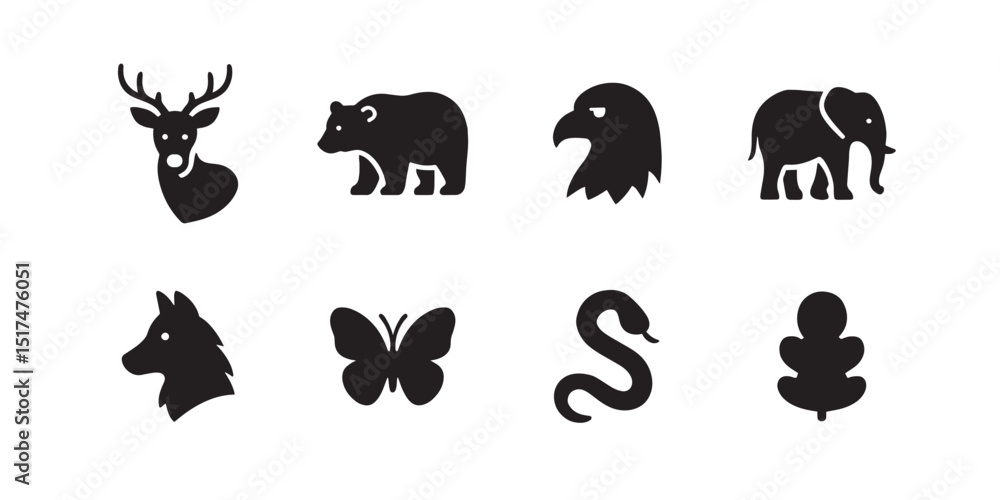 Obraz premium Wildlife Silhouette Icons - Deer, Bear, Eagle, Elephant, Wolf, Butterfly, Snake, and Tree for Stock Use in Web Design, Apps, and Creative Projects