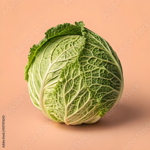Side profile of a cabbage on a matte peach background.