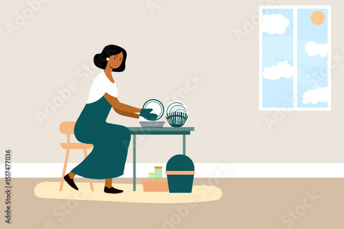 Woman wiping the dishes to organize, housekeeping, cleaning and organizing dishes, full-time housewife. Cartoon illustration.
