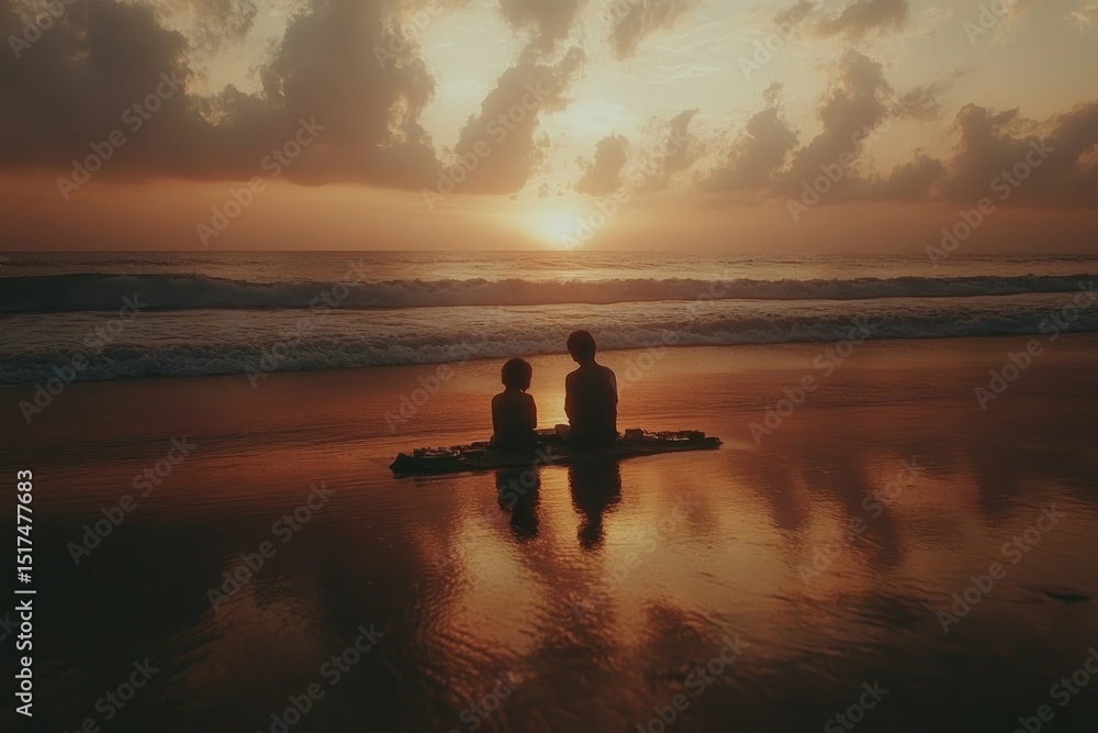 Fototapeta premium Sunset reflection of two figures sitting on the beach, creating a serene atmosphere at golden hour