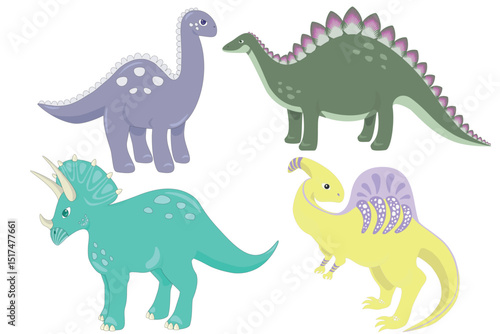 Vector illustration set of a cartoon dinosaurs of triceratops, brontosaurus, stegosaurus, art of parasaurolophus with comb on back of spinosaurus, isolated on white background, cute children's toy