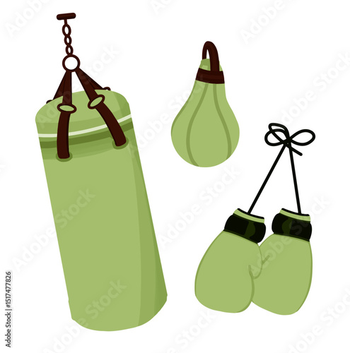 Illustrated boxing essentials: green gloves and punching bags.