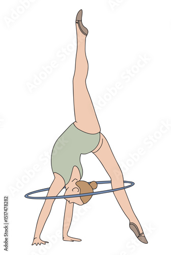 Elegant slim girl with a hoop - hand drawn rhythmic gymnastics. Colored vector illustration in doodle style on white background.