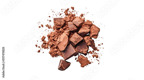 A top down view of chocolate chunks and cocoa powder scattered in a shot isolated on transparent background