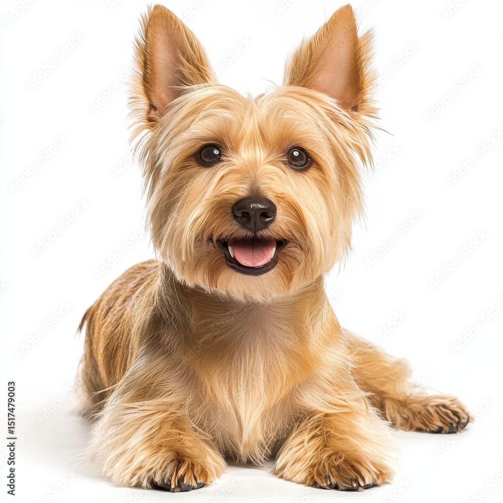 Adorable small dog with long silky fur, bright eyes, happy expression, lying on white background, domestic pet, friendly and playful animal portrait Adorable small dog with long silky fur, bright eyes, happy expression, lying on white background, domestic pet, friendly and playful animal portrait