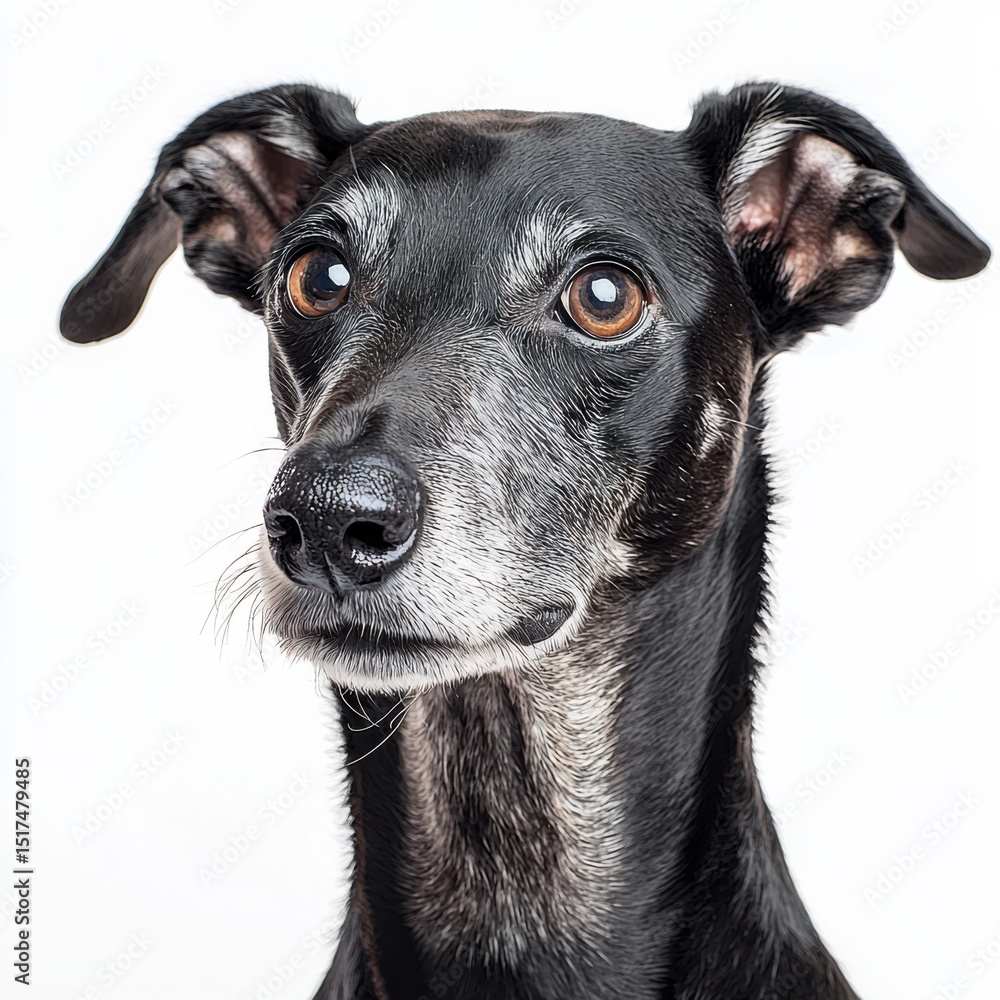 Close-up portrait of a curious black and gray mixed breed dog with attentive eyes and expressive ears, posing against a plain white background Close-up portrait of a curious black and gray mixed breed dog with attentive eyes and expressive ears, posing against a plain white background