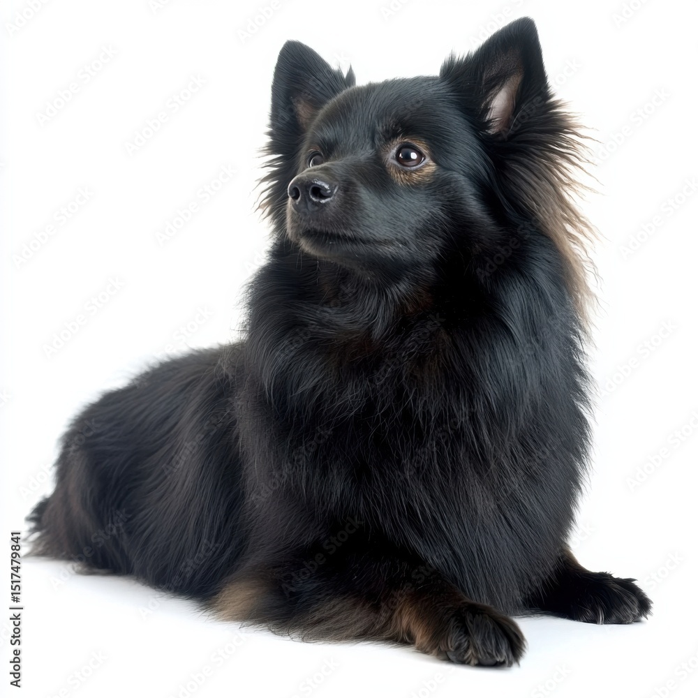 Adorable small black long-haired dog with alert expression lying on white background showcasing detailed fur and attentive eyes in a studio shot Adorable small black long-haired dog with alert expression lying on white background showcasing detailed fur and attentive eyes in a studio shot