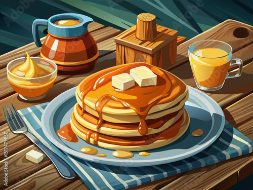 vector of Pancakes arranged in a traditional dish with syrup and butter on a rustic wooden table.