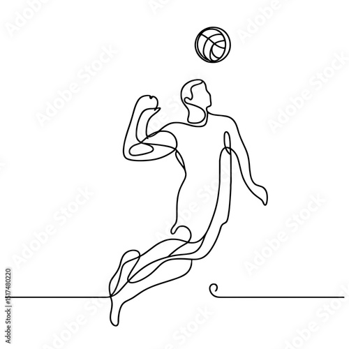 Volleyball player spiking ball in one line drawing