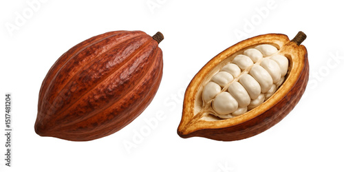 Obraz na płótnie High-quality cocoa pod with one whole and one cut open to reveal fresh white cocoa beans inside