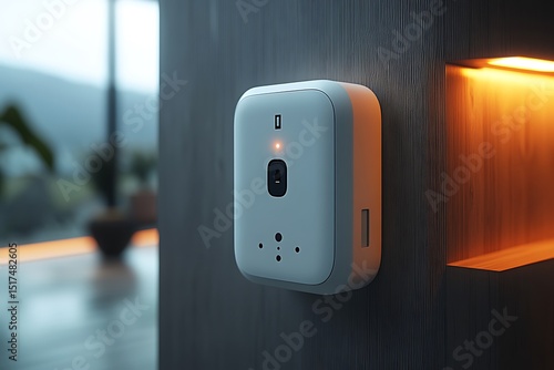 Smart camera mockup on dark wooden wall surface


