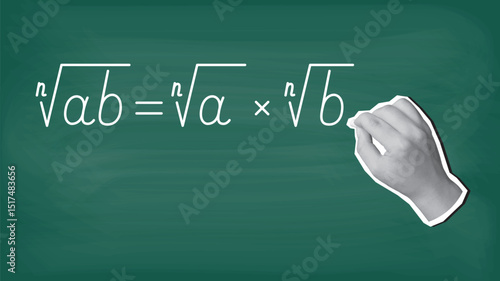 A hand writes a math formula on a blackboard with chalk. Modern collage style. Vector illustration