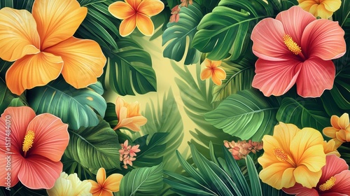 Wallpaper Mural Tropical floral frame with vibrant hibiscus and plumeria on lush greenery background Torontodigital.ca