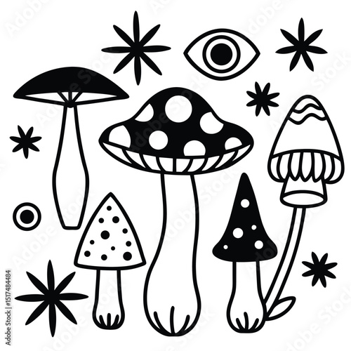 The image contains various hand drawn style illustrations of mushrooms, some of which have additional surreal and mystical elements such as eyes, an alien-like figure, and abstract patterns.eps