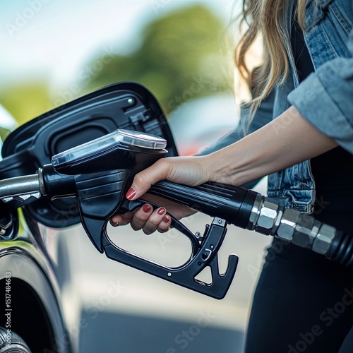 Woman holds a hydrogen fueling nozzle on a hydrogen filling station. Refueling car with hydrogen fuel.
